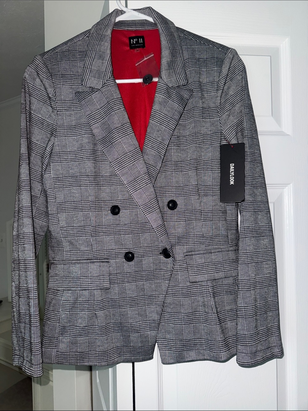 No 11 Double-Breasted Plaid Blazer in Gray with Red Lining